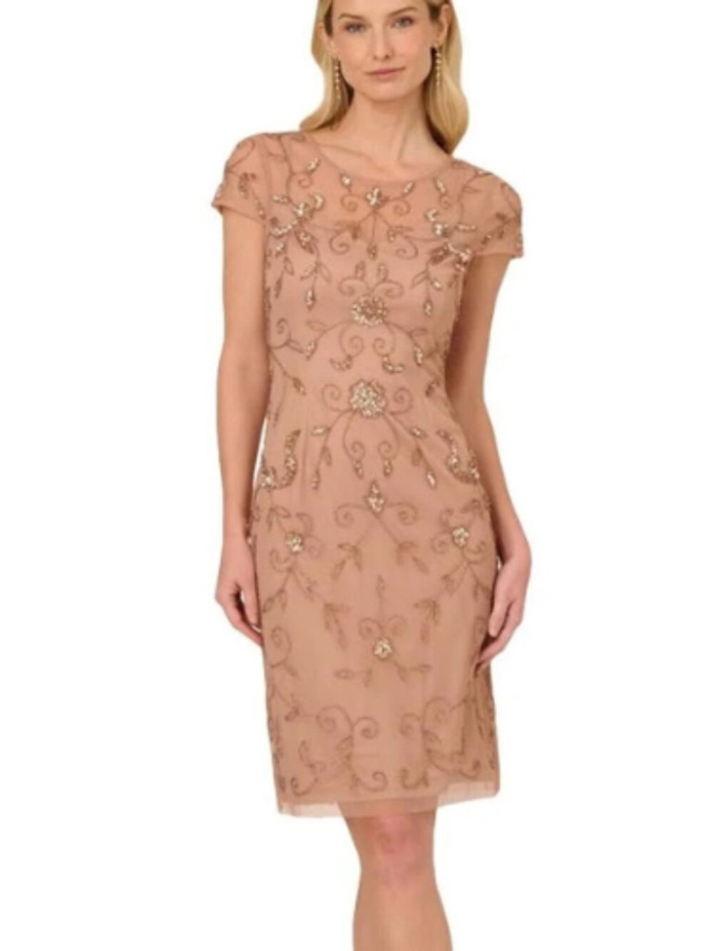 Adrianna Papell Rose Gold Beaded Wedding Cocktail Black Tie Prom Dress Size: 0